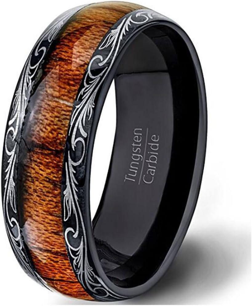 JAJAFOOK Mens Wedding Band 8mm Black Tungsten Ring Wood Inlay Pattern Dome Comfort Fit