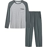 MoFiz Mens Pajama Sets Comfy Long Sleeve Sleepwear Top Solid Pyjama Pants with Pocket 2 Piece Loungewear PJs Sets for Men