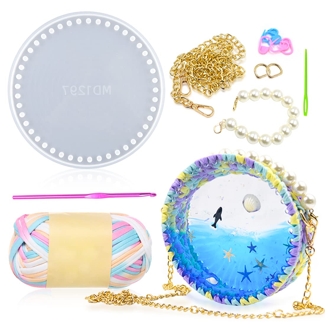 Voyyphixa Silicone Resin Purse Mould Knitting Bag Frame Clutch Bag Resin Molds Handbag Epoxy Casting Mould with 2 Chain DIY Clutch Purses Round Handbag Shoulder Bags