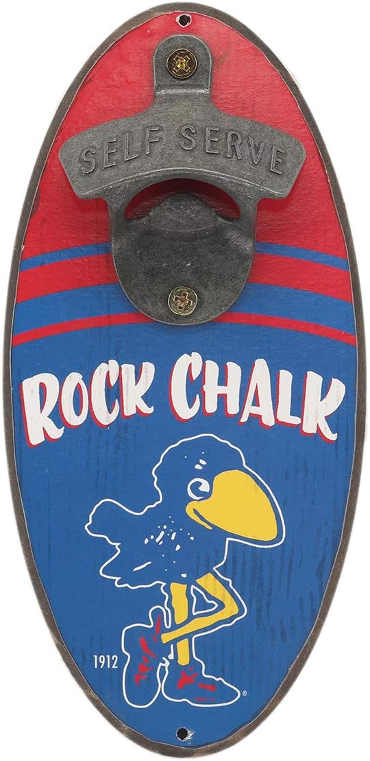 University of Kansas Self Serve Red and Blue MDF Wood Wall Bottle Opener Cast Metal - an Officially Licensed Product Great Addition to Add What You Love to Your Home/Garage Decor