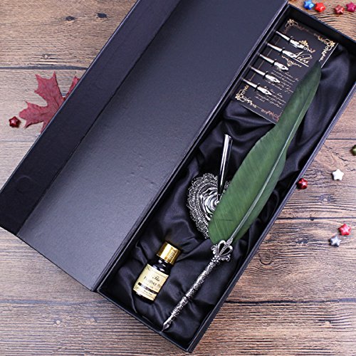 W.D Calligraphy Pen Set,Writting Quill Feather Pen,100% Hand Craft , Real Feather and Stainless Steel Nib (black green)