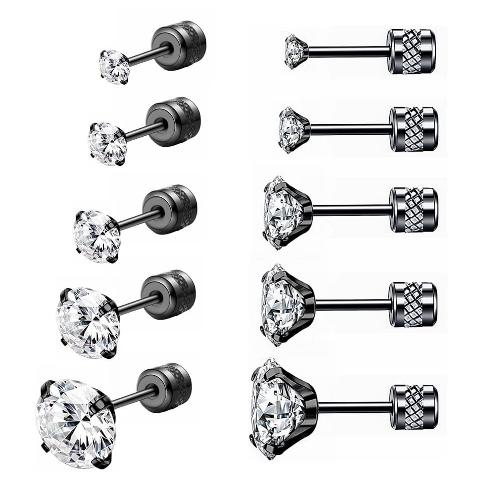 5 Pairs Stud Earrings Set,Hypoallergenic Earrings 316L Stainless Steel Double Round Cubic Zirconia Ear Ringing Jewelry for Women Men Boys & Girls 2-6mm Silver (Black)