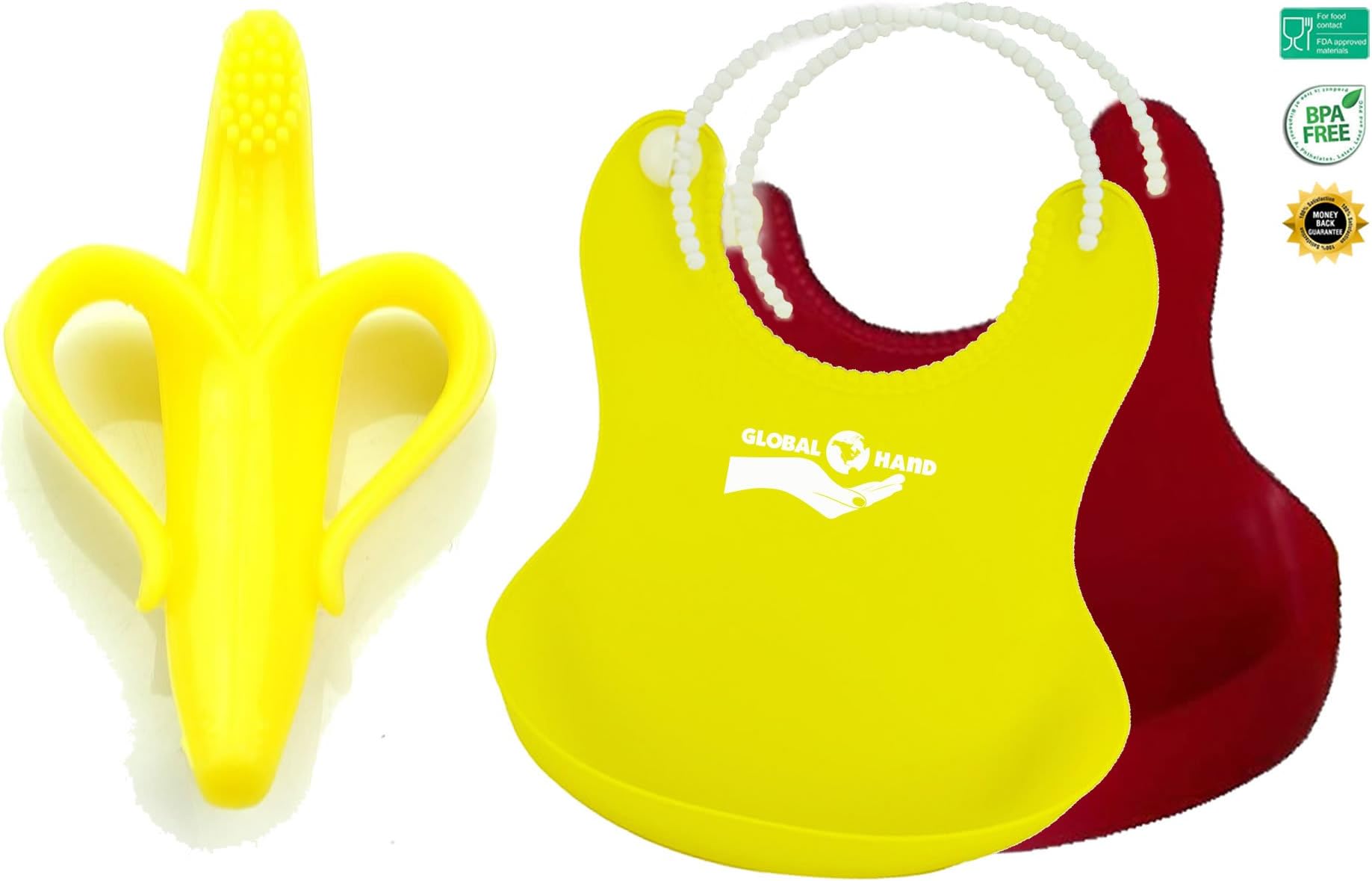 Global Hand Baby Bibs and Banana Shaped Silicone Teether, 2 Piece