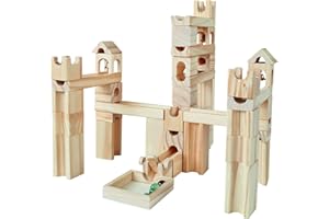 ONSHINE Wooden Marble Run for Kids Ages 4-8, 65 Pieces Wood Building Blocks Toys and Construction Play Set, Marble Track Maze Game STEM Learning Toys for Boys Girls (Natural Color Blocks)