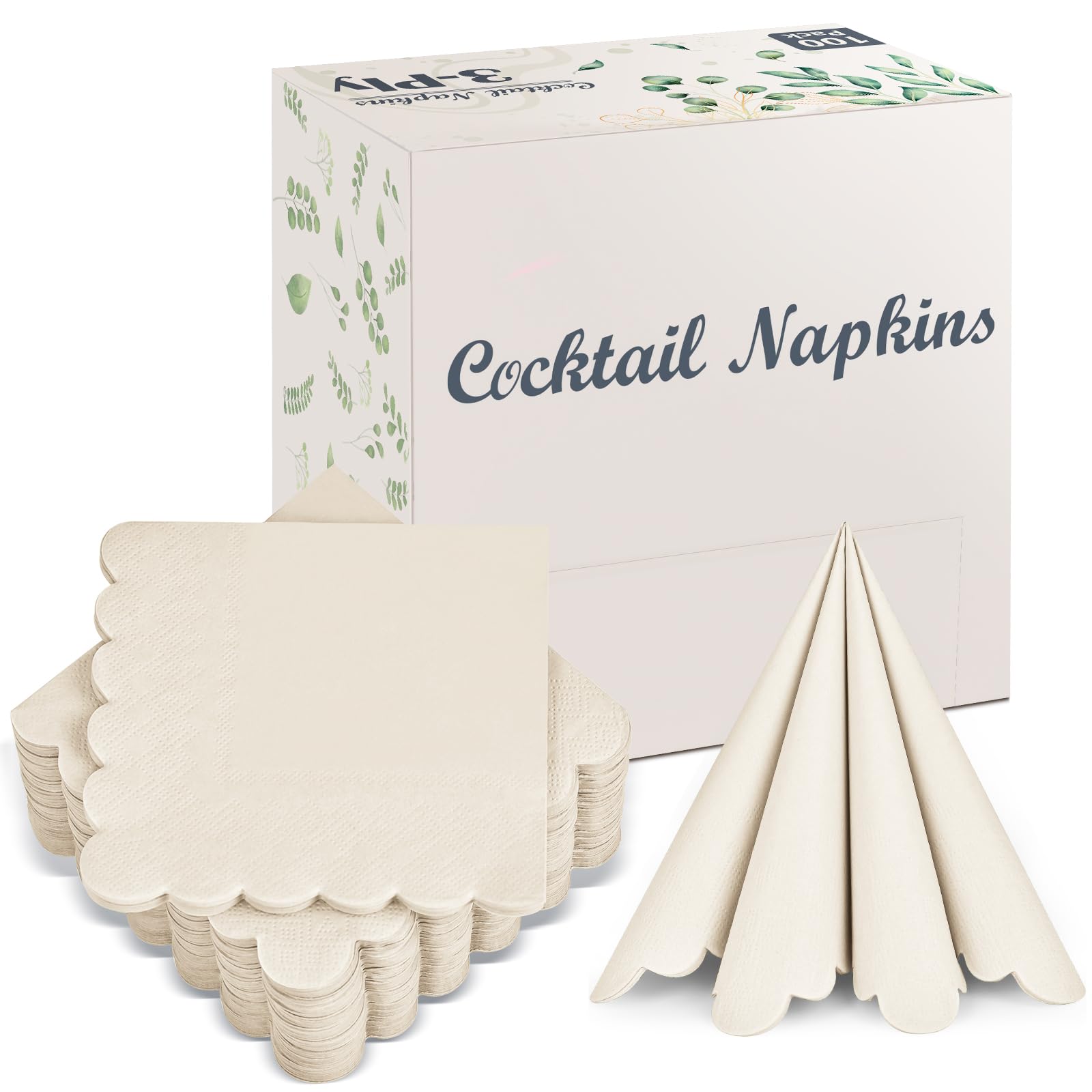 Photo 1 of 100 Pack Cocktail Napkins 3-Ply Scalloped Edged Wedding Napkins Folded 5 x 5 Inches Dessert Napkins, Disposable Napkins for Dinner Birthday Party Bridal Anniversary Baby Shower Reception (Milky-White)