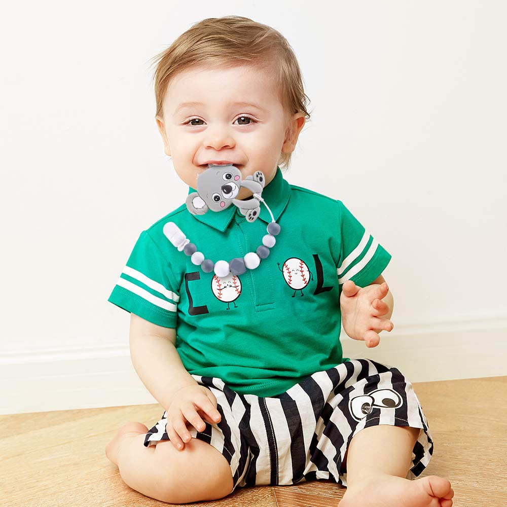 Dummy Clips Baby Pacifier Clips Unisex Baby Soother Chains Dummy Chain Silicone for Girls Personalised Teething Silicone Beads with Cute Animals Teether Toys for Boys (Gray)