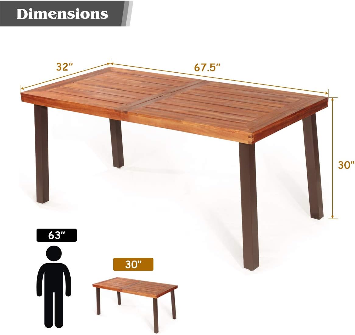 Giantex Patio Dining Table with Umbrella Hole, Outdoor Picnic Table for Backyard, Garden, Lawn, Farmhouse, Acacia Wood Rectangular Table with Metal Legs, Rustic Brown: Kitchen & Dining