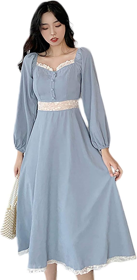 Amazon ワンピース レディース 復古 レースの継ぎ目 角領 長袖 ロングワンピース ロング丈 通勤する 膝丈ロングスカート ファッション A字シャツワンピース レディース スカート 通販