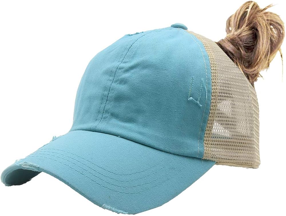 Criss Cross Baseball Caps, Women Ponytail Mesh Hat Distressed High Messy Bun Trucker Ponycap (Black, One Size) at  Women’s Clothing store