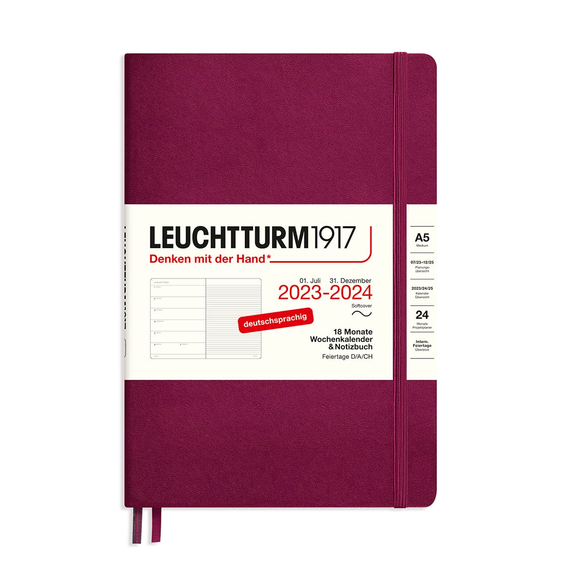 LEUCHTTURM1917 367861 Weekly Calendar & Notebook Softcover Medium (A5) 2024, 18 Months, Port Red, German — image 1