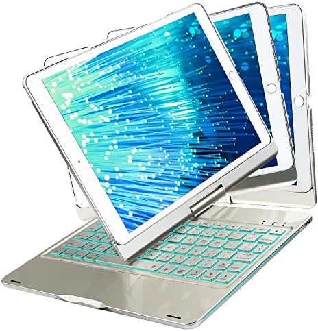[New Version] iPad Keyboard Case for New 2018 iPad, 2017 iPad, iPad Pro 9.7, iPad Air 1 and 2 with 360 Degree Rotatable Cover and Folio 180 Degree Multi-Angle (All 9.7 inch Versions) Silver