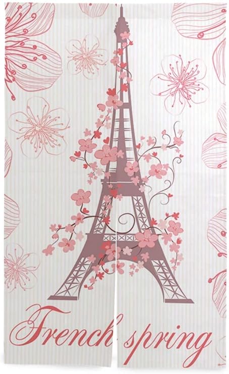 Amazon Tinzzeros のれん おしゃれ フランスの春のベクトルの背景エッフェル塔 和室でも 模様替え 寝室 和室も 高画質 透けにくい 風景画 クリスマス デザイナー 突っ張り棒付き 幅85 丈150 のれん オンライン通販