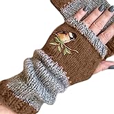 BAXIXINGYUNMU Wrist Warmers, Women Winter Knitted Fingerless Gloves Bird Embroidered Color Block Splice Half