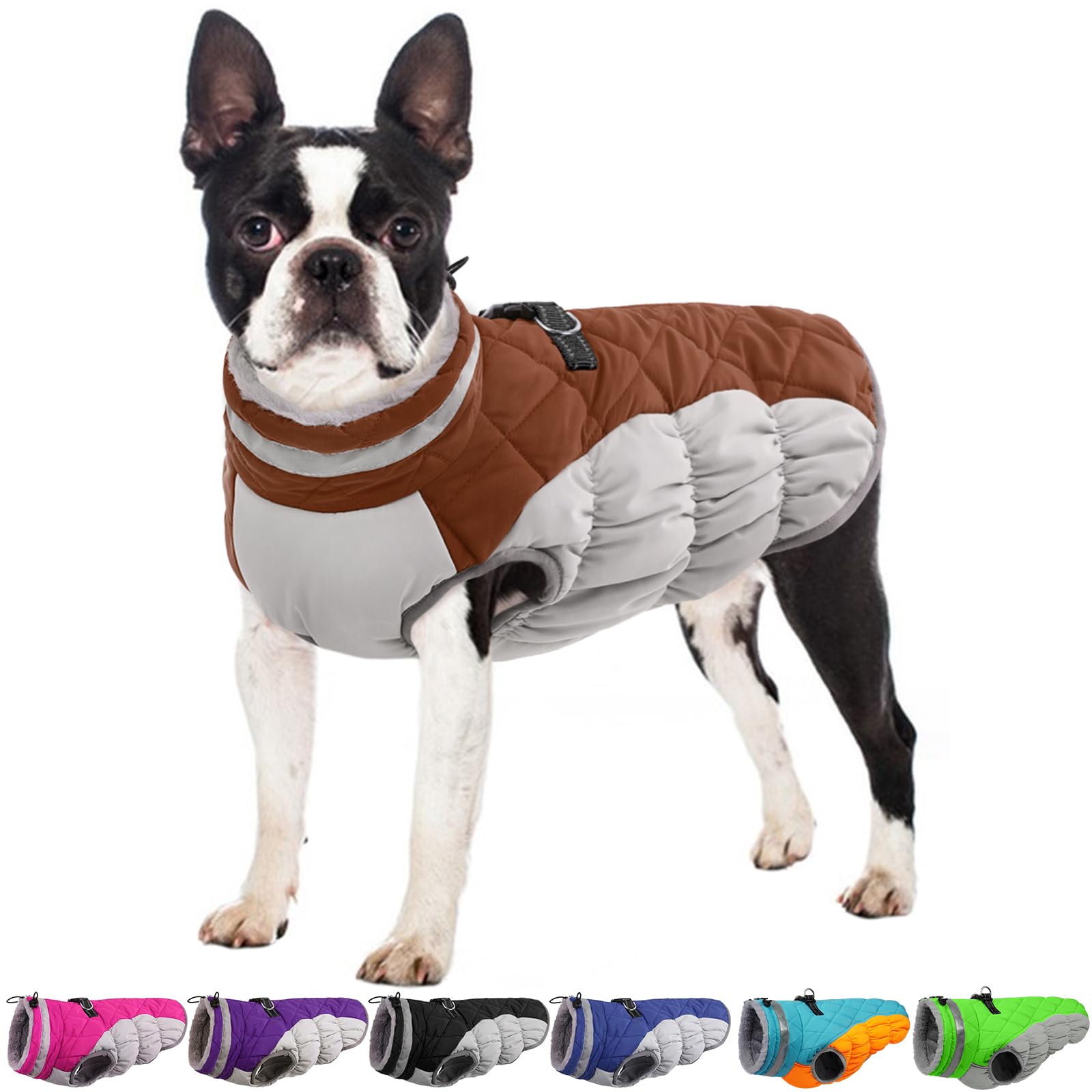 OUOBOB Dog Coat, Dog Jackets for Large Dogs, Dog Winter Coat with Harness Built in, Dog Cold Weather Coats Waterproof, Reflective Dog Snowsuit, Dog Winter Jacket Windproof, Dog Puffer Jacket Brown L