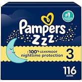 Pampers ZZZ Overnight Diapers, Size 3 (13-26 lbs), 116 Count, Nighttime Protection Disposable Baby Diaper