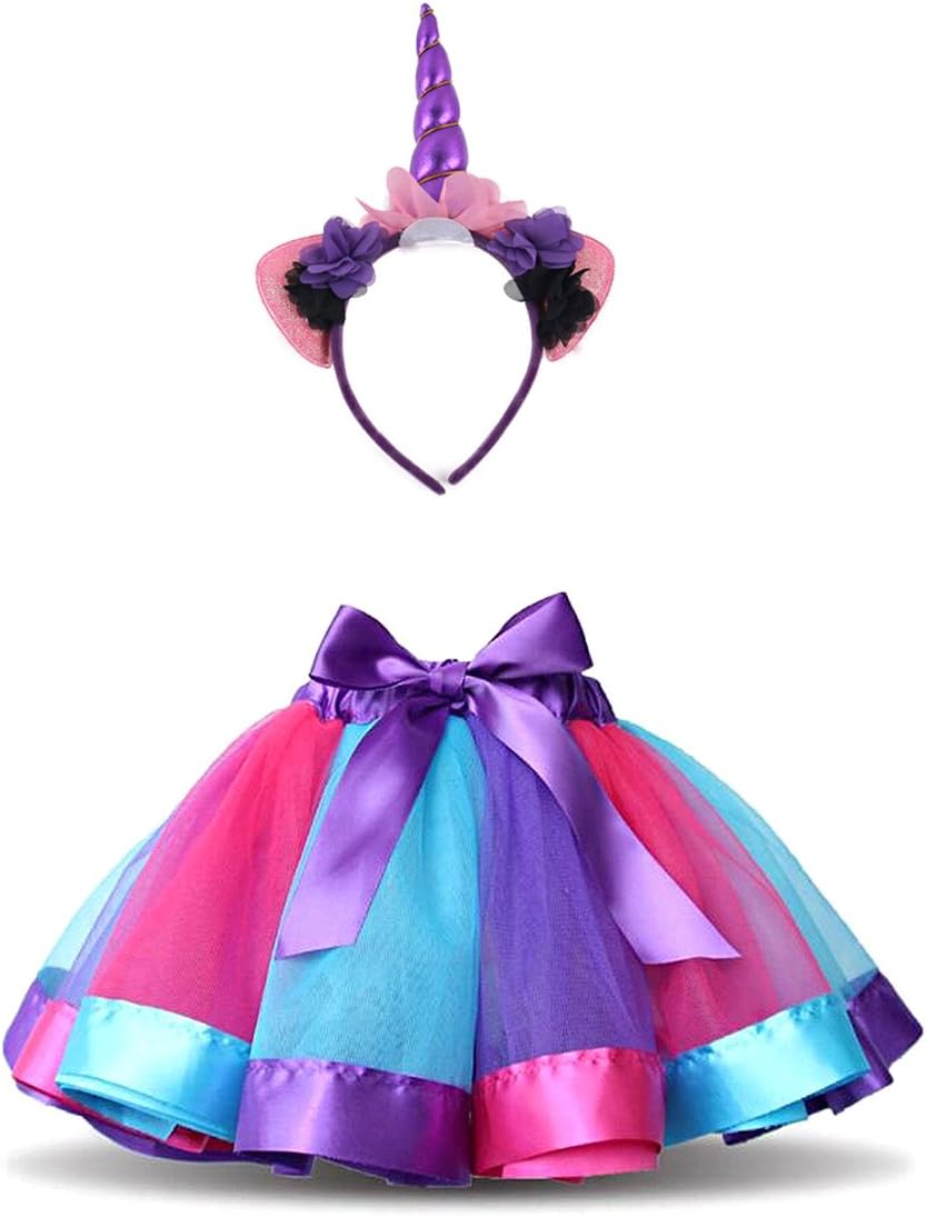 Girls Rainbow Tutu Skirt, Toddler Princess Dress Up Costume Set with Unicorn Headband for Dance Party Carnival