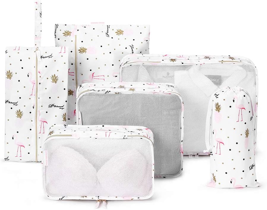 Travel Packing Cubes Luggage Bags Suitcase Organisers (6 Pcs) with Shoe Bag Laundry Bag Sock Bag (Flamingo-White Pink)