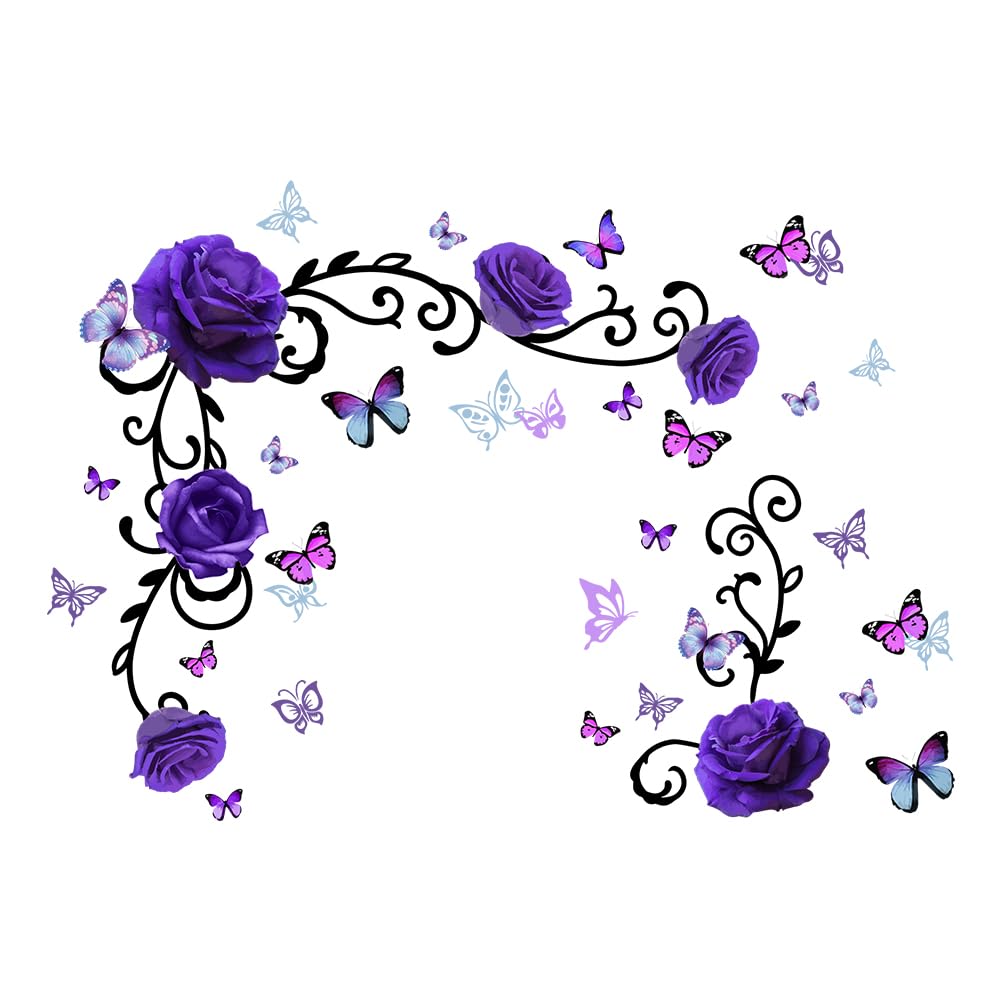 SUPERDANT Rose Wall Stickers Flowering Vine Wall Decals Butterfly Decals Stickers for Walls Flower Butterflies Vinyl Art Peel and Stick for Bedroom Living Room Decoration