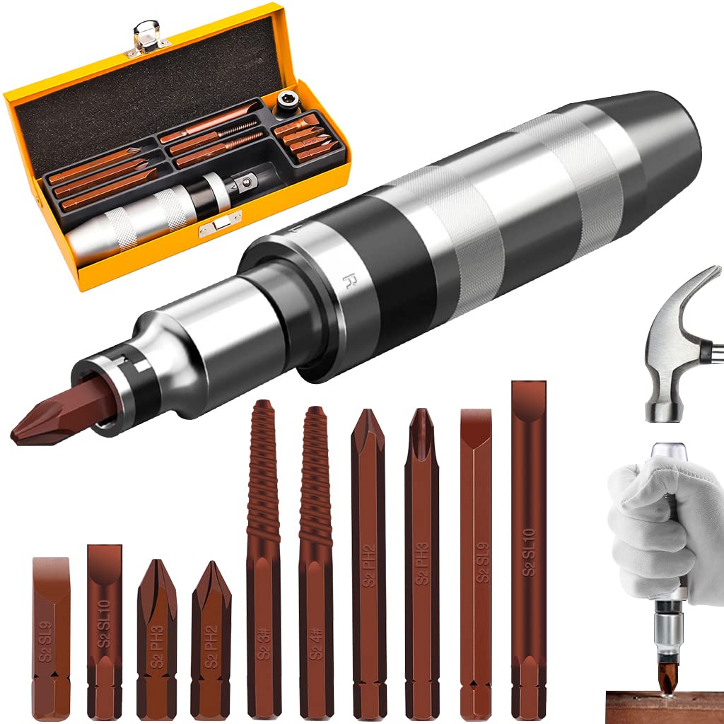 Photo 1 of 12 PCS Manual Impact Driver, S2 Alloy Steel Impact Driver Bit Set, Broken Bolt Extractor Set, Rust Screw Extractor, Impact Screwdriver for Dismantling the Old Screws (12PCS)