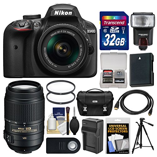 Nikon-D3400-Digital-SLR-Camera-18-55mm-VR-DX-AF-P-Zoom-Black-with-55-300mm-VR-Lens-32GB-Card-Case-Flash-Battery-Charger-Tripod-Kit