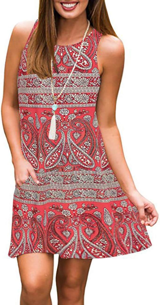 QINYUN Women's Summer Floral Printed Swing Casual T-Shirt Dresses Sleeveless Beach Tank Dresses with Pockets