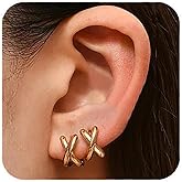 14K Gold Plated X Shaped Hoop Earrings for Women, Minimalist Small Huggie Hoop Earrings for Women