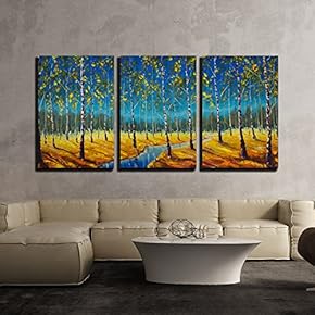 3 Piece Canvas Wall Art - Original Oil Painting of River in a Birch Grove on Canvas - Modern Home Art Stretched and Framed Ready to Hang - 16"x24"x3 Panels