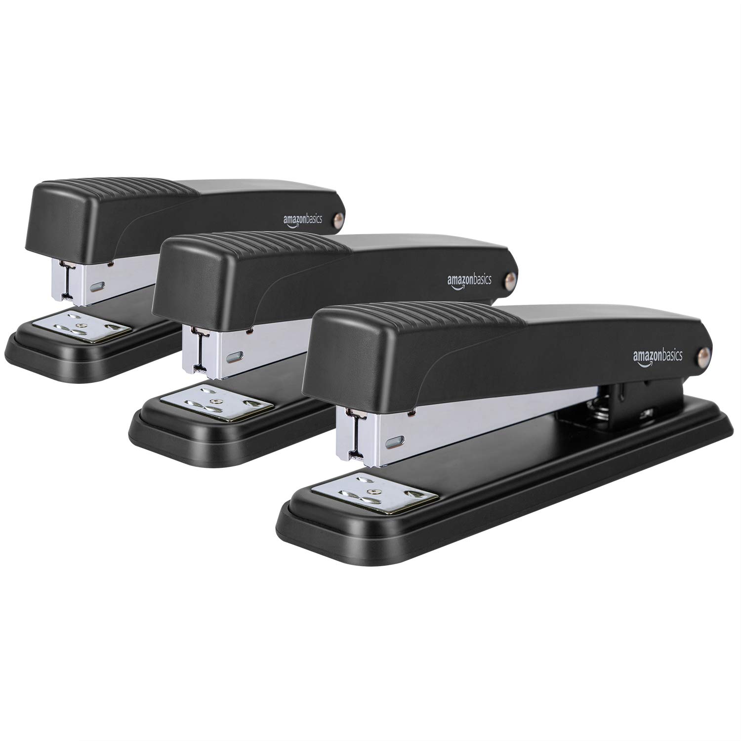 Photo 1 of Amazon Basics Full-strip Metal Office Desktop Stapler, 20 Sheet Capacity, 3 Pack, Black