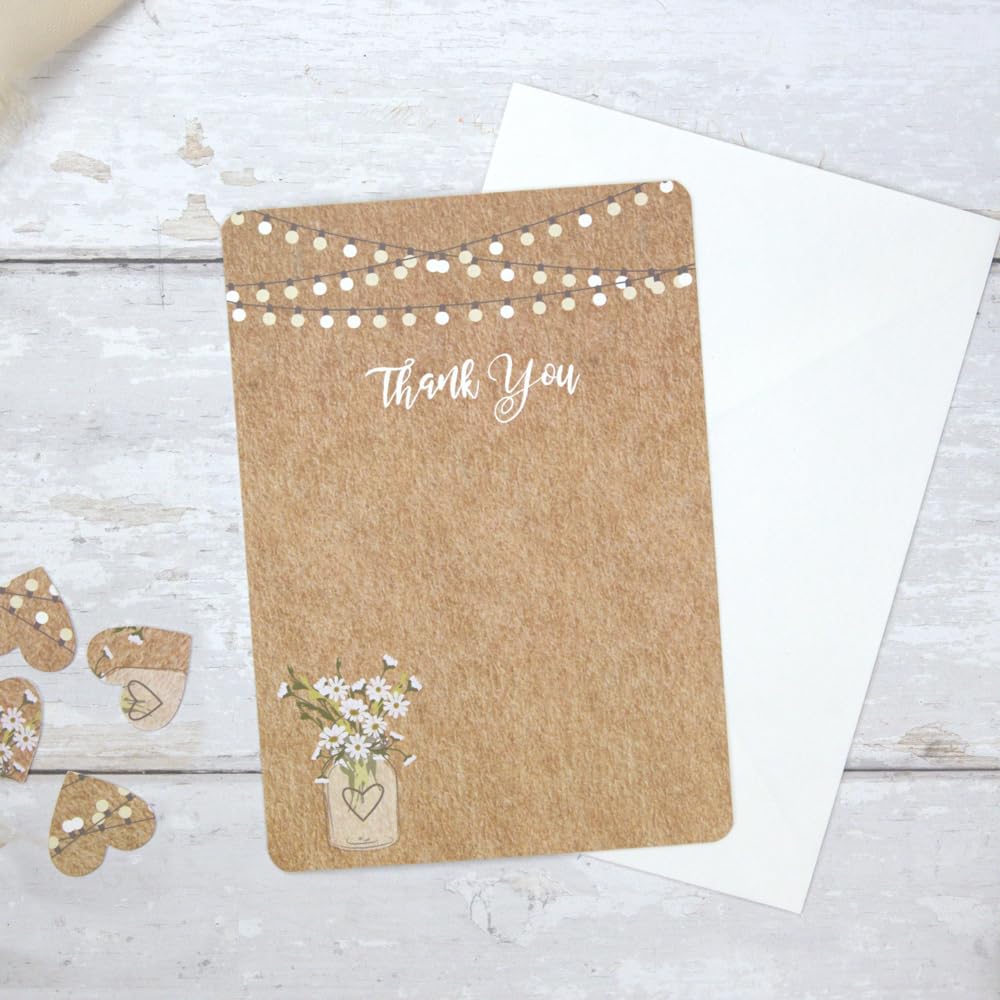 Dotty about Paper Rustic Mason Jar Flowers - Wedding Thank You Cards - Pack of 10. Floral, Vintage, Kraft. Perfect For Friends And Family, Envelopes Included. Any Occasion (683)