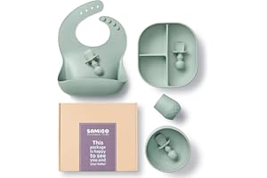 SAMiGO Silicone Baby Feeding Set, Suction Plate Bowl Set, Self Feeding Spoons, Bib, Cup, Baby Led Weaning Supplies, First Stage Feeding Essentials, Food Eating Utensils, 6+ Months