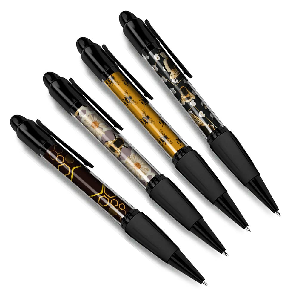 DV DESIGN Set of 4 Bee Black Ballpoint Pens - Bumble Bees Insect Art Deco Abstract Pattern Theme Gift