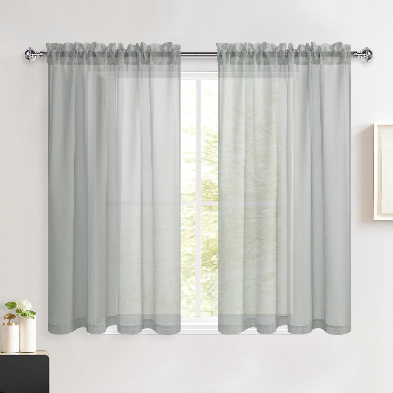 DWCN Grey Sheer Curtains, 63 Drop Rod Pocket Top Semi Transparent Light Filtering Net Curtains, Voile Curtains for Living Room and Bedroom, 52" Wide x 63" Drop, Set of 2 Panels