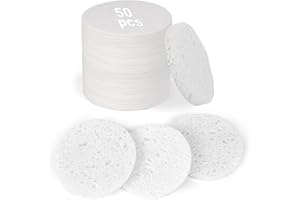 HUAXIN BIOTECHNOLOGY 50-Count Compressed Facial Sponges,100% Natural Cellulose Cosmetic Make Up Sponges for Face Daily Facial Cleansing,Exfoliating,Makeup Removal(White)