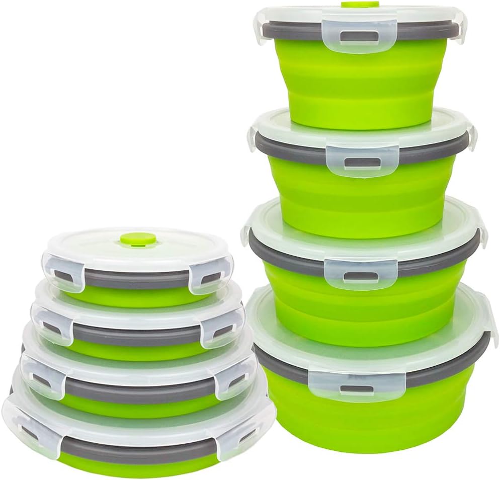 CARTINTS Green Collapsible Food Storage Containers With Lids, Silicone Lunch Containers, Microwave and Freezer Safe, Set of 4