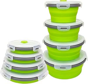 CARTINTS Green Collapsible Food Storage Containers With Lids, Silicone Lunch Containers, Microwave and Freezer Safe, Set of 4
