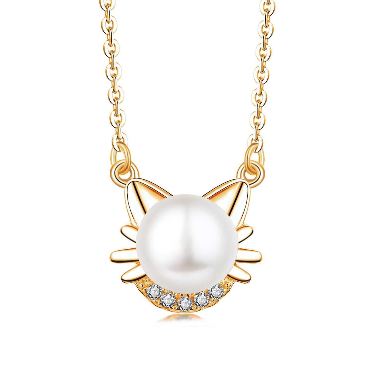 JO WISDOM Cute Cat Pearl Necklace,925 Sterling Silver Cubic Zirconia 9mm Freshwater Pearl Cultured Cat Pendant Necklace