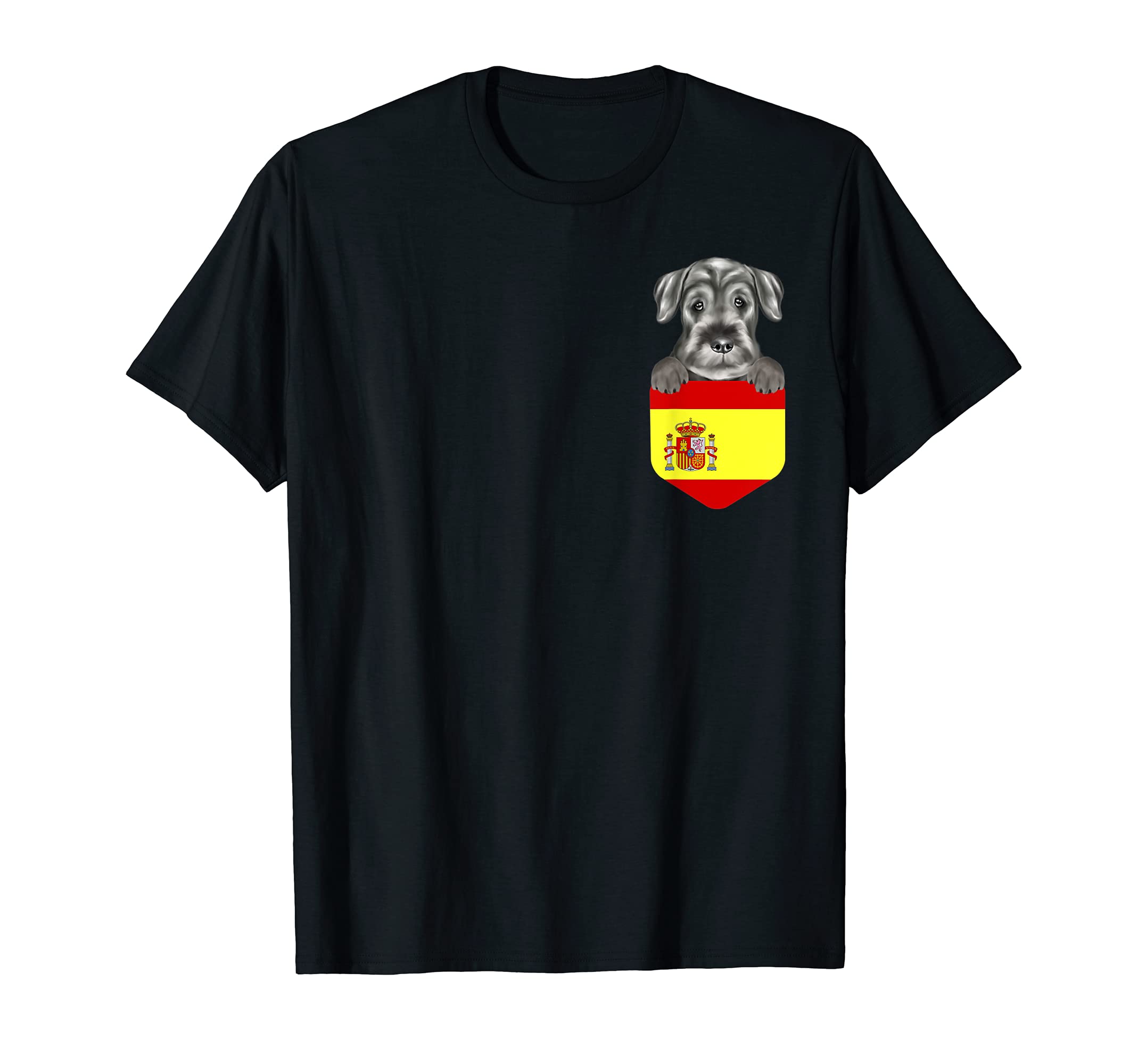 Spain Flag Standard Schnauzer Dog In Pocket T-Shirt