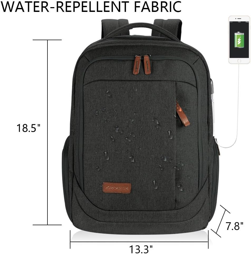 KROSER Laptop Backpack Large Computer Backpack Fits up to 17.3 Inch Laptop with USB Charging Port Water-Repellent School Travel Backpack Casual Daypack for Business/College/Women/Men-Charcoal Black: Computers & Accessories
