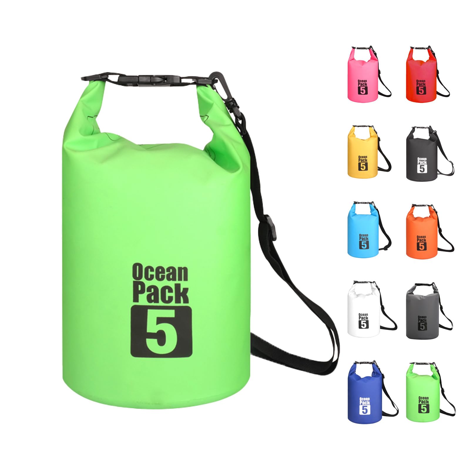 MORAINJAY 5L Green Dry Bag,Waterproof Bag with Single Adjustable Shoulder Strap,Small Capacity Dry Sack 2L 5L 10L 15L 20L 30L for Outdoor Camping,Rafting,Swimming,Boating,Surfing