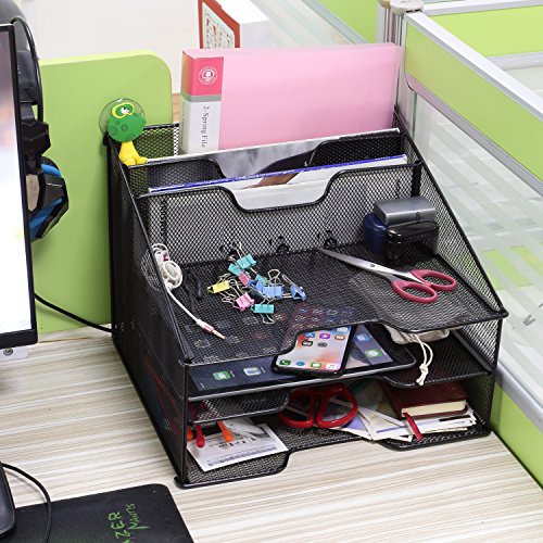 Samstar Mesh Desk File Organizer Letter Tray Holder, Desktop File Holder with 3 Paper Trays and 2 Vertical Upright Section, Black