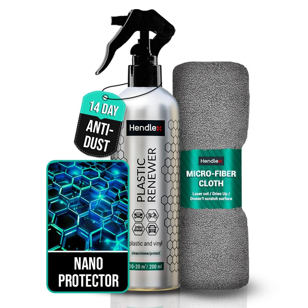 Hendlex Plastic Restorer and Protector with Nanotechnology, Revitalises Faded Plastic, Vinyl, Rubber & Leather, Anti-Dust Formula, Easy to Apply – 200ml with Microfiber Cloth