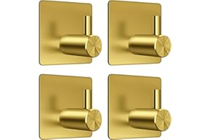 DakGagMah Adhesive Towel Stainless Steel Hooks Heavy Duty Stick on Wall Hooks Shower Hooks for Bathroom Kitchen Hoom Door-4 Packs (Gold)