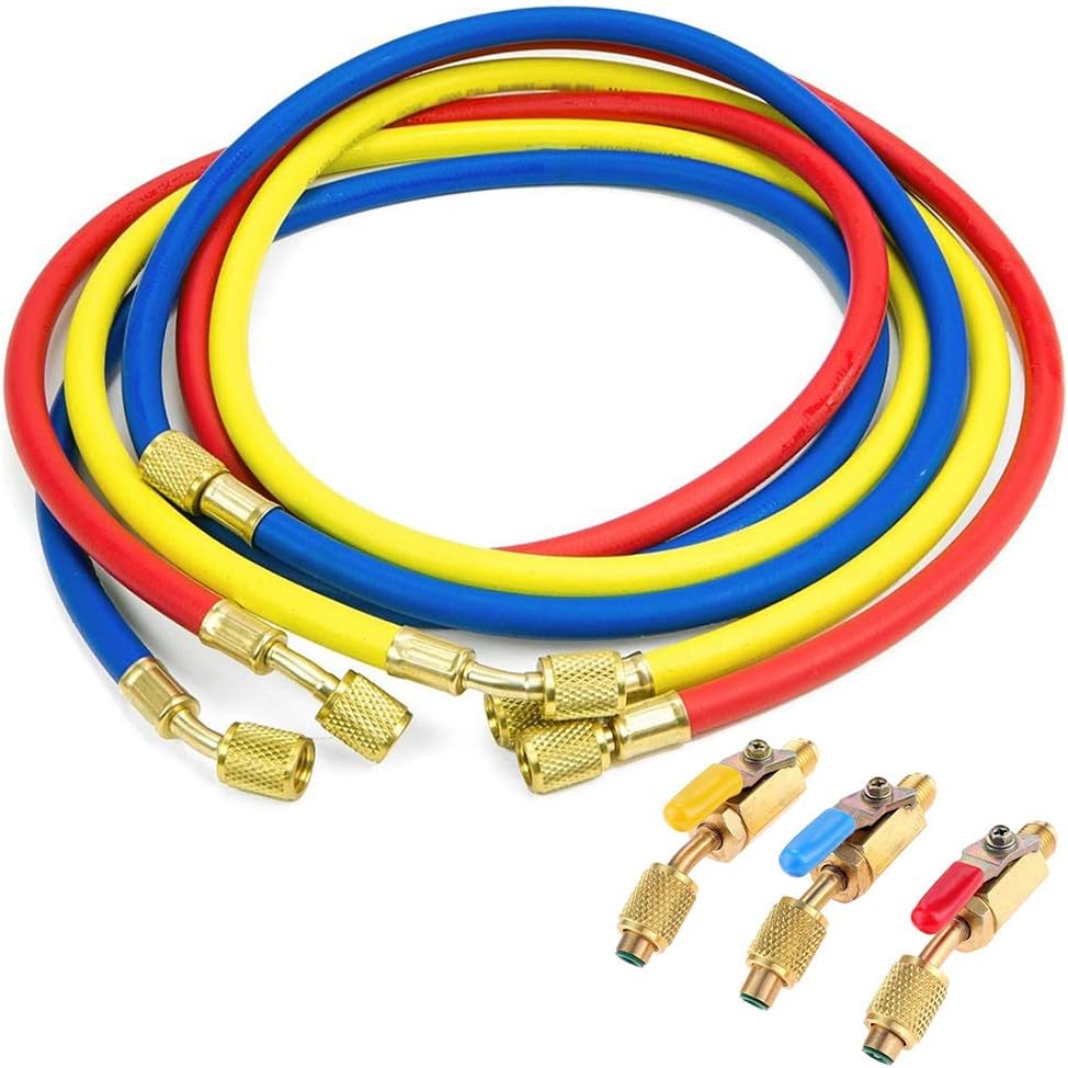 LIYYOO Refrigerant Charging Hose with Ball Valve Apply to R134A R12 R22 R502 R404 Refrigerant Air Conditioning Manifold Gauge 1/4" Thread Hose Set 60" Red/Yellow/Blue (Pack of 3): Automotive