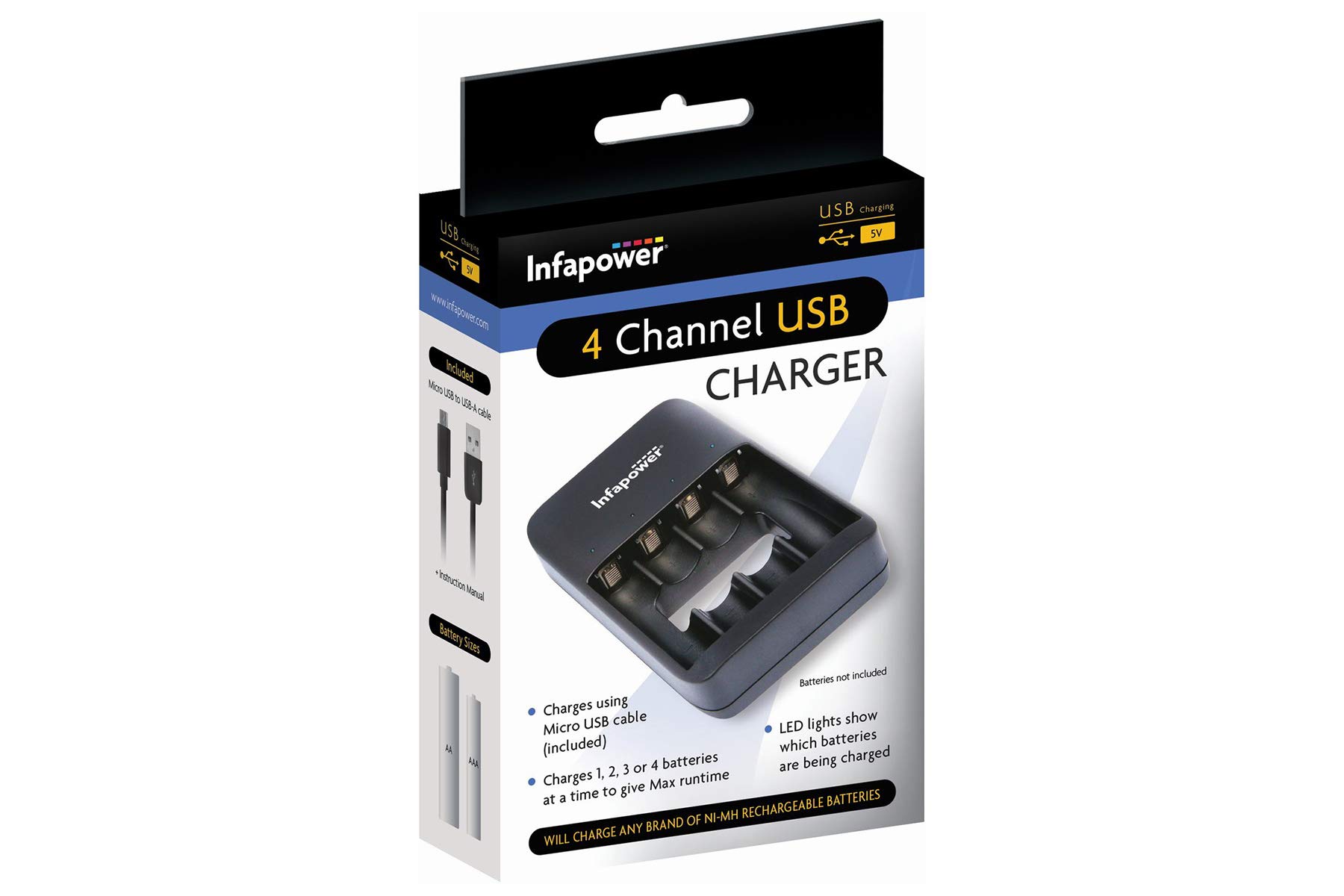 Infapower 4 Channel Universal USB Home Battery Charger - Batteries Not Included