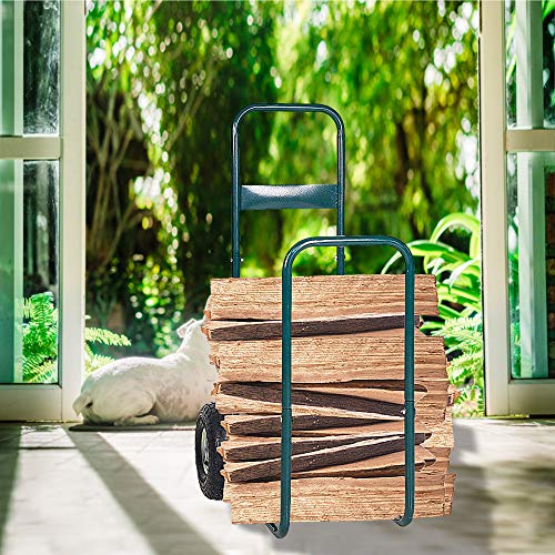 Livebest Portable Firewood Cart Log Fire Wood Carrier Holder Transport Rolling Steel Backyard Patio Garden, Green - Thumbnail 2