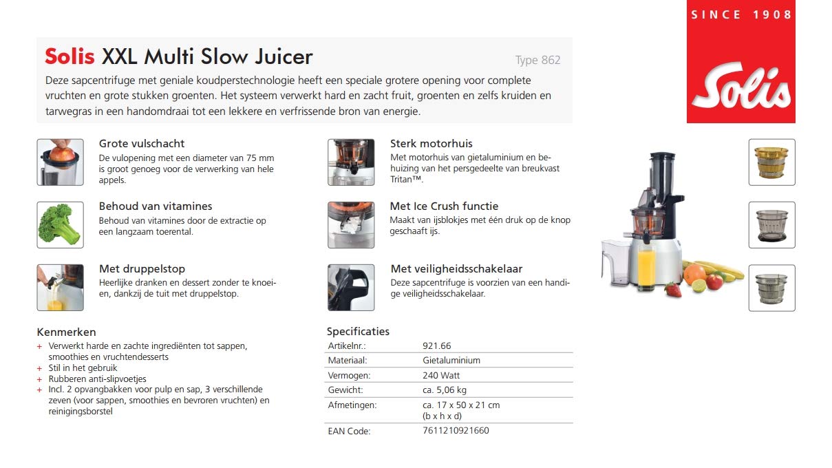 Solis Entsafter, Für Saft, Smoothie oder Dessert, Ganze Früchte, Hartes