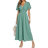 Simplee Women's Summer Flowy Midi Dress Casual V Neck Short Sleeve Empire Waist Boho Beach Wedding Guest Dresses