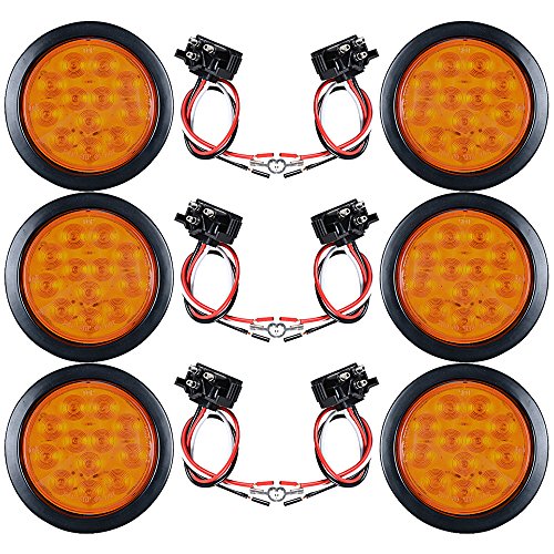 6pcs Amber 4" Round 12-LED Turn Signal Tail Light Grommet Wiring Plug Kit for Truck Trailer RV UTE UTV