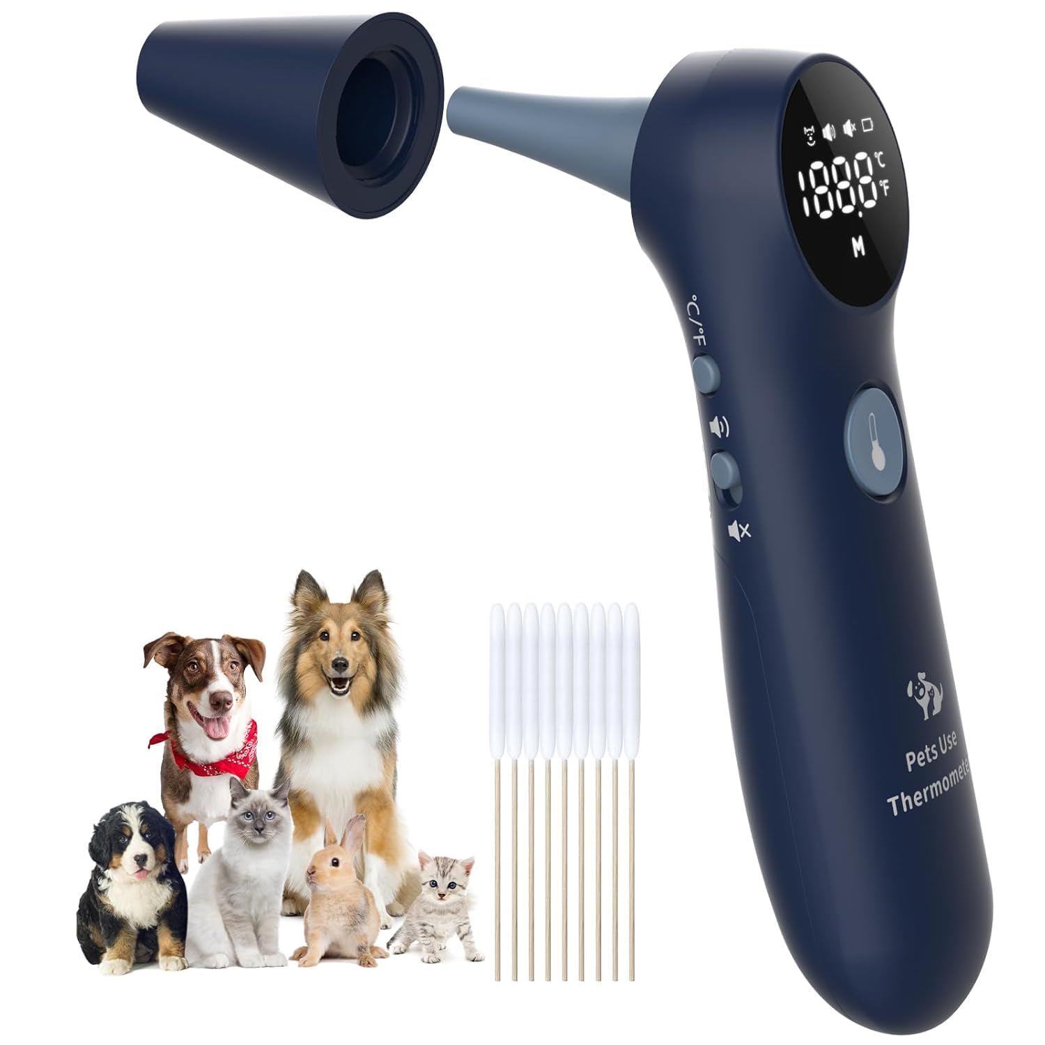 Pet Ear Thermometer for Dogs, Cats, and Livestock, Long Probe Designed, ℃/ ℉ Convert and Sound Switch Dedicated Button, 1 Second Measurement, 20 pcs Pet Swabs Included