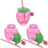 Healifty Strawberry Cups with Lids and Straws 17Oz Reusable Plastic Tumblers Portable Juice and Milk Tea Cups Cute Strawberry Tumbler for Kids Party Outdoor Use
